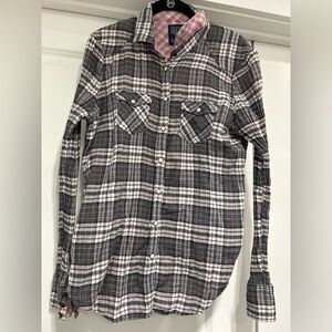 American Eagle Outfitters Women's Plaid Button-Down Shirt - Gray, White, Pink